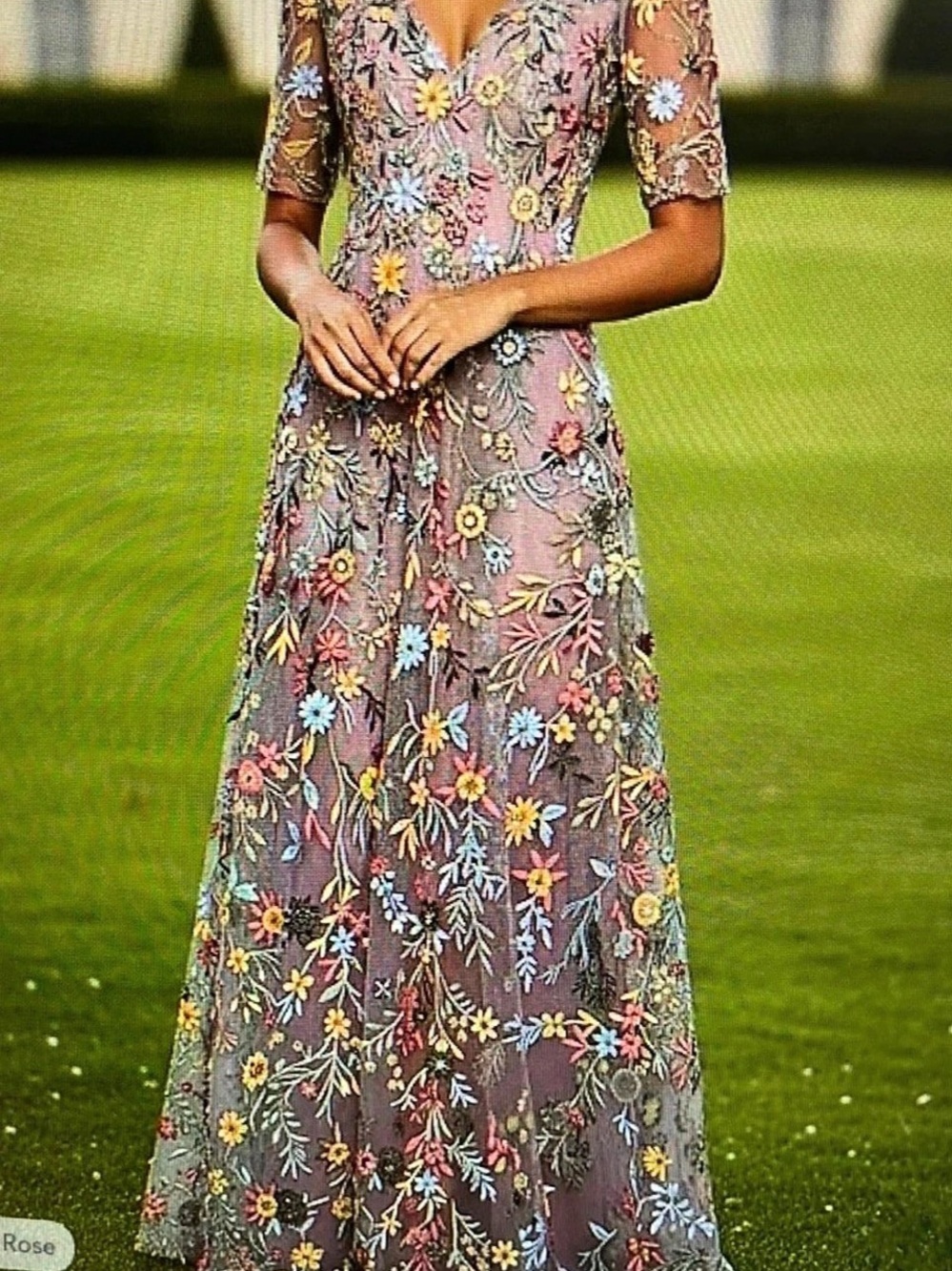 Couture Floral Embroidered Maxi Dress in Pink & Gray NWT